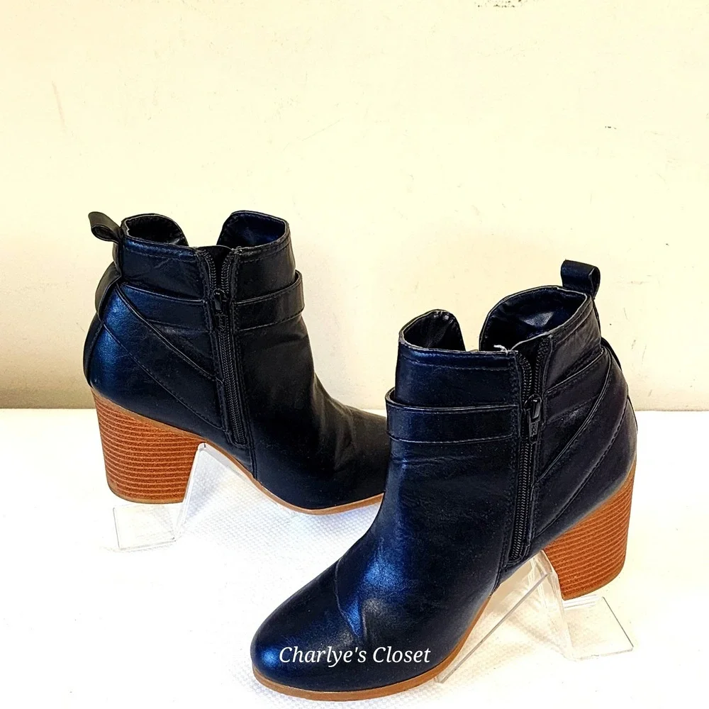 Casual Ankle Boots 8 Black Block Heel Buckle Rustic Boho Biker Mountain‎